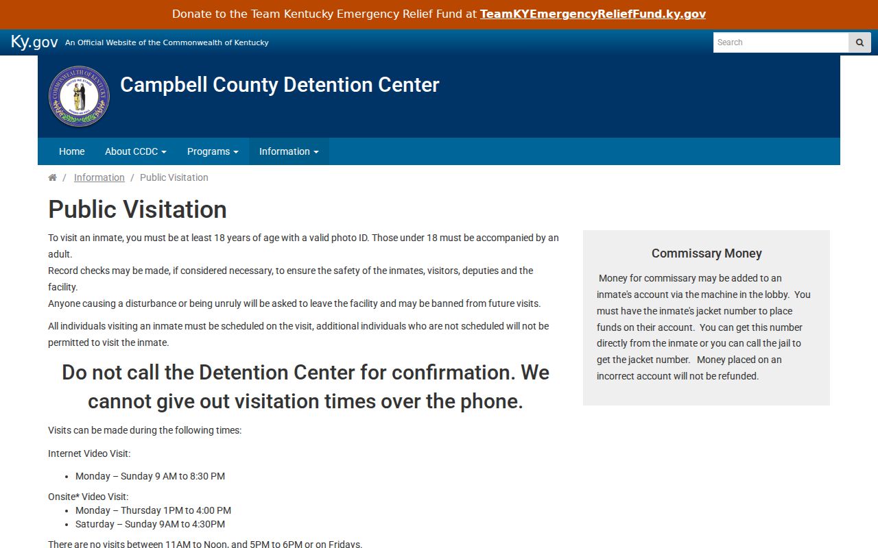 Campbell County criminal history detention center visitation information